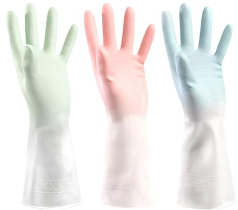 ACMEDE 3 Pairs Rubber Cleaning Gloves, Household Washing up Gloves, Anti-slip Waterproof Gloves for Home, Kitchen, Pink, Blue, Green