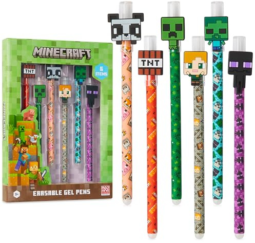 Minecraft Erasable Gel Pen Set, färgglad med suddgummi, paket med 6, skolmaterial