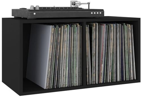 Homgoday Scatola Portaoggetti per Dischi in Vinile, Espositore Multimediale, Armadio, Soggiorno, Mobili da Trasporto, Nero, 71 x 34 x 36 cm, in Legno