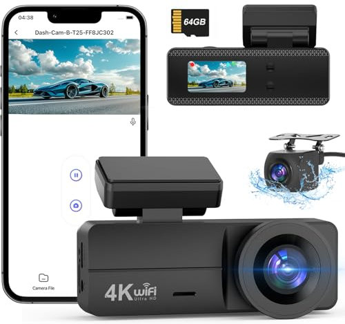 DYNACAM Dash Cam Front and Rear 4K+1080P, Dash Cam Inserted 64GB SD Card, Built-in WiFi Dash Camera for Cars, Super Night Vision Dashcam, 24H Parking Mode, G-Sensor, Loop Recording Car Camera