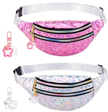 patinadrift 2 Stück Bauchtasche Kinder Mädchen Bunt Glitzer Bauchtasche Festival wasserdichte Gürteltasche Kinder mit Stern Schlüsselanhänger für Festival Outfit Outdoor Sport