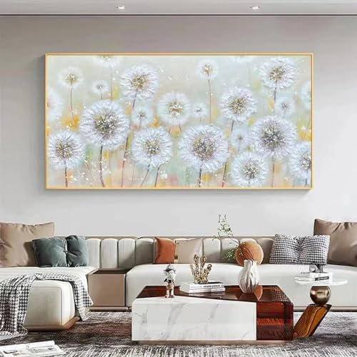 Weiße Pusteblume, abstraktes Strukturgemälde auf Leinwand, große Kunst, moderne weiße Blumen, Originalgemälde, 90 x 180 cm, rahmenlos