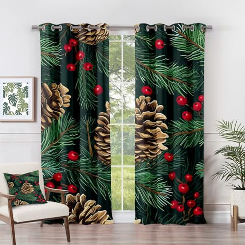 Generisch Vorhänge Weihnachten - Tannenzapfen Stechpalme Winter Fenster Gardinen mit Ösen, Vorhang Blickdicht Verdunklungsvorhänge Thermovorhang für Wohnzimmer Deko 2er Set, H 166 x B 75 cm M#-60