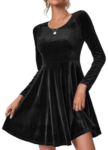 ABINGOO Donna Velluto Abito Elegante Manica Lunga Vestito Cocktail A-Line Mini Abiti Invernale Festa Vita Alta Abito(Nero,L)