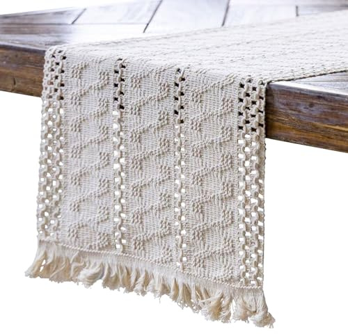 Yiomxhi Boho Tischläufer Beige Leinen, Abwaschbar Vintage Makramee mit Quasten für Landhausstil Hochzeit Geburtstag Festlich Heim Küche Kaffee Tisch Dekoration (Stil 4, 30 x 140 cm)