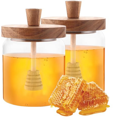 DAJAVE 2 Stück Honigspender 500ml Glas Honigtopf mit Honigbehälter und Honig Löffel, Honiggläser, Honigglas aus Akazienholz mit Deckel, Honiggläser Zum Servieren von Honig und Sirup