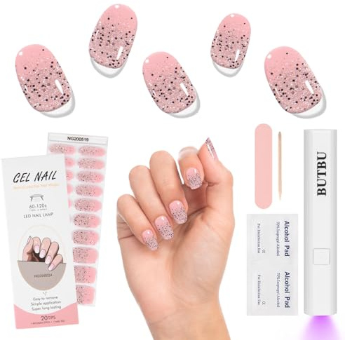 BUTBU Nagelfolie, 1 Blatt 20 Stk Uv Gel Folien Set Mit UV-Lampe, Nagelfolien Selbstklebend & UV Härtend, Uv Gel Strips Starter Set, Nagelaufkleber, Press On Nails Mit Nagelfeile (Nude Farbverlauf)