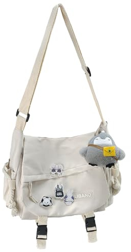 Huwzder Nylon Messenger Bag Kawaii Crossbody Bag with Cute Pins Aesthetic Shoulder Bag for Women and Men (Beige)