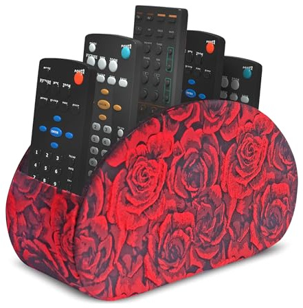 Czzmy Halter für Fernbedienung mit 5 Fächern,PU-Leder Große Halterung für TV, DVD,Fernbedienung Aufbewahrung für Stifte, Handy(1-3D Rose Rot)