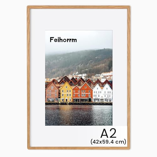 Feihorrm Massivholz Bilderrahmen, A2 Eiche Bilderrahmen, Mit gehärtetem Glas, Für 42x59,4 cm-Fotos ohne Passepartout oder 28,7x41 cm-Fotos mit Passepartout (Beige, A2 (42x59,4 cm)/ 1x)