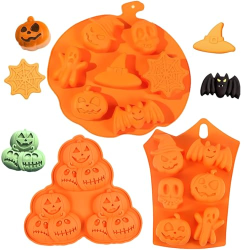 Detontek 2 Moules en Silicone pour Gâteau à la Citrouille D'Halloween Chauves-Souris, Squelettes, Sorcières, pour la Cuisson des Gâteaux Biscuits aux pépites de Chocolat, Glaçons du Savon Artisanal