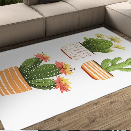 UERWOWELL Illustration Style Area Rug Cartoon Cute Cactus Pot Flowers & Plants Print Non Slip Thin Carpets for Nursery Game Reading Room 120x150cm