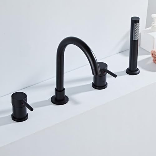 Wannenrandarmatur mit Brause 360° Rotierender Schwanenhals 4 Loch Armatur Badewannenrand aus Messing,Schwarz