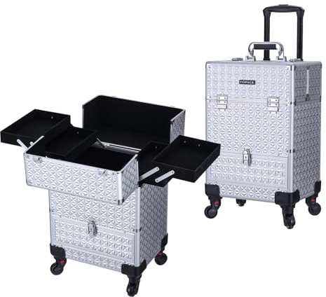 TOPACK Rolling Makeup Train Case,360°Rotaing Wheel Aluminum Cosmetic Case with Trolley 4-Tray for Tattoo/Barber/Nail Tech Travel Cart Organizer 13.1 * 9.8 * 18.3in (SILVER)