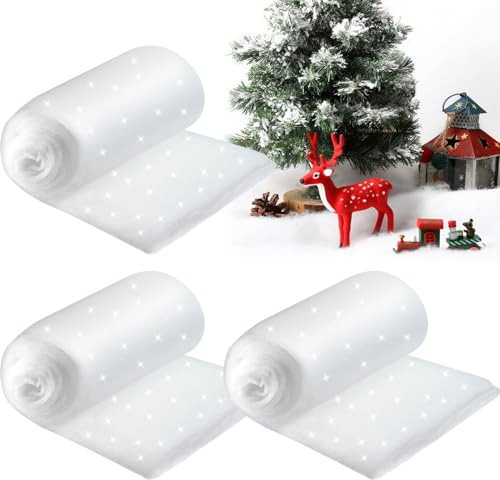 Prmape 3 Rollos Manta de Nieve Navideña 80 * 150cm, Nieve Artificial para Arbol de Navidad, Grueso Alfombra de Nieve Falsa con Tema de Invierno para Decoración de Fondo de Aldea Navideña