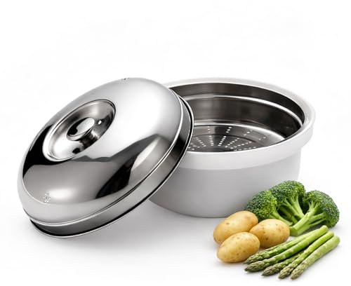 OAKKMEL Microwave Steamer, 25 x 25 x 16 cm Microwave Vegetable Steamer, Kitchen Cooking Steamers for Juicy Meals, Steam Pot for Meat, Fish, Eggs, Frozen Foods, Dumplings, Buns