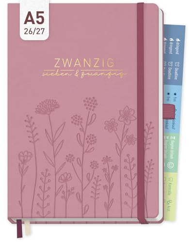 Häfft® Chäff-Timer Premium A5 Kalender 2026/2027 „Fine Flowers Rosé” Buchkalender, Terminplaner, Terminkalender, Wochenplaner für 17 Monate: Aug. 2026 bis Dez. 2027
