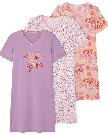 Damart Femme Lot de 3 Chemises de Nuit L 112 | Coton, Multi statures, Col V, Manches courtes, Vêtement de Nuit