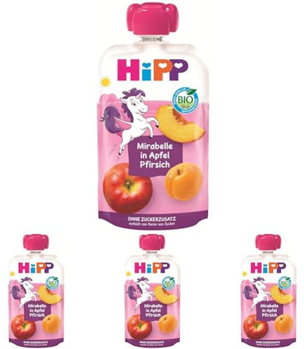 HiPP Bio Quetschie Mirabelle in Apfel-Pfirsich - Ellis Einhorn (8 x 100g), ab 1 Jahr, 100% Fruchtpüree, ohne Zuckerzusatz, vegan, in bester Bio-Qualität (Packung mit 4)