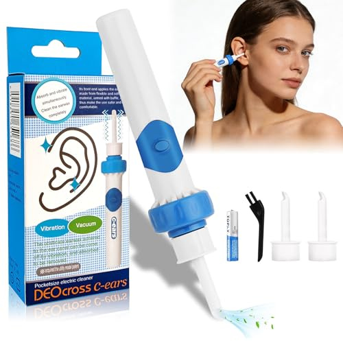 Ohrenschmalz Entferner Sauger,Vibrations-Vakuum-Oroclear Ohrenschmalz-Sauger mit Doppelwirkung, mit 2 waschbaren Ersatzköpfen und Batterie,geeignet für Erwachsene und Kinder-Blau
