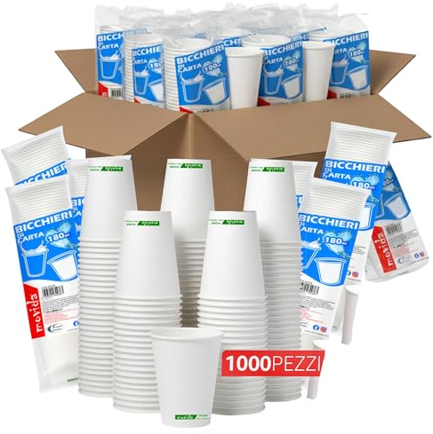 Sicignano | Bicchieri Monouso Carta BIO 180ml Bianchi Compostabili, Biodegradabili, Ecologici per Acqua, Caffè e Bevande Calde/Fredde, Resistenti per Ufficio, Casa e Feste (1000 pz, Scorta Pro)