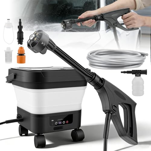 Hochdruckreiniger mit Wassertank 13L Akku Druckreinigerpistole, Mobile Outdoor Cleaner Pressure Washer, Faltbar Wiederaufladbar, 6-in-1-Multifunktionsdüse, Akku Druckreiniger für Außenreinigung