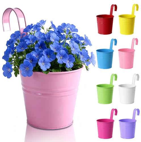 Herbst 8 Stück 16cm Blumentöpfe zum Aufhängen Größe Bunt Hängeblumentöpfe | Blumentopf Metall Hängetopf mit Abnehmbarem Haken und Loch für Balkon, Garten, Zaun, Wand