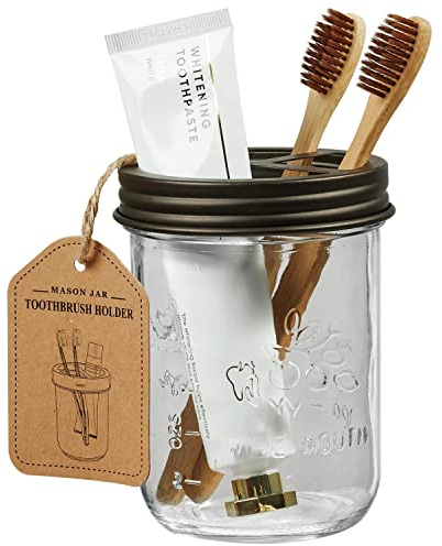 Amolliar Mason Jar Toothbrush Holder- Rustproof Stainless Steel - Holds 2 Toothbrushes and Toothpaste,with Chalkboard Labels - Farmhouse Décor Bathroom Countertop and Vanity Storage Organizer,Bronze