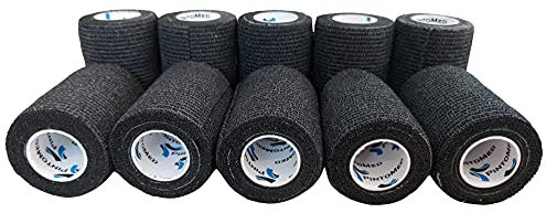 PintoMed Selbstklebender Verband Gedehnt - 10 x Schwarz - 7,5cm x 4,5m Bandagen Rollen Haftbandage Fixierbinde Selbsthaftend Health Pflaster Sport Tape Stück für Handgelenk Bein Arm Vet Wrap
