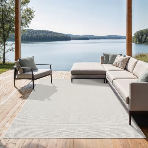 the carpet Mistra Heavy Duty Flat Weave Rugs Modern Design Ideal for Kitchen and Dining Room Trendy Colours Extra Flat Outdoor Rug Cream 160 x 220 cm