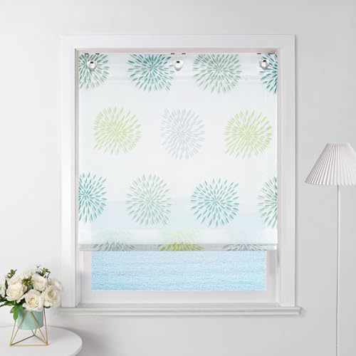 ESLIR Raffrollo ohne Bohren Raffgardine mit Ösen Transparent Gardinen mit Haken Ösenrollo mit Kreis-Motiven Modern Voile Grün BxH 100x140cm 1 Stück