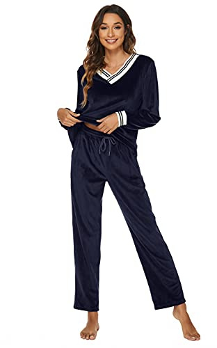 Ietaoo Completo Sportivo Donna Tute da Ginnastica da Donna Inverno Velluto 2 Pezzi Homewear Scollo a V Pullover + Pantaloni Tute Sportiva Casa Pigiama Set Blu Navy L