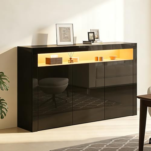 Sideboard Hochglanz 3 Türen Sideboard Schrank Aufbewahrungsschrank mit LED-Leuchten Moderne Wohnzimmer Schlafzimmer Möbel (Schwarz-1)