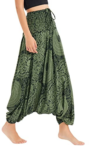 Nuofengkudu Mujer Harem Pantalones Jumpsuit Boho Cintura Alta Verano Playa Rosas Verde Oscuro