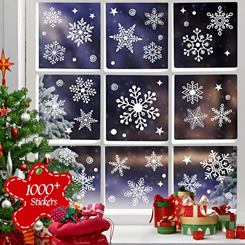 1000pcs + décoration de fenêtre de Noël, 25 + conception d'autocollants statiques flocons de neige décoration de fenêtre de Noël réutilisable articles de fête congelés Étiquettes de nouvel