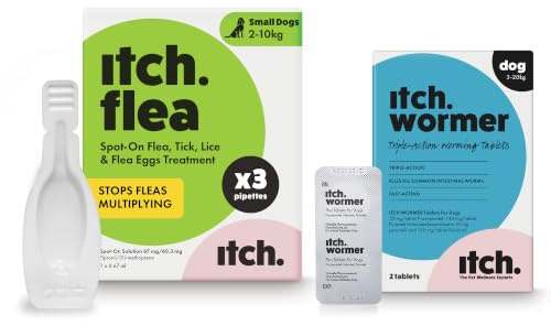 Itch Small Dog Flea & Tick Treatment and Wormer Bundle - Dogs Under 10kg | 3kg-10kg - 3 Flea Pipettes and Itch Wormer - 2 Tablets
