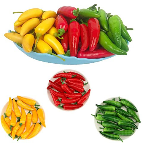 Hezhou 60 Stück Künstliche Lebensechte Mini Pfeffer Chili Obst Kunstobst künstliche Chili Gemüse Dekoration für Zuhause,Küche,Garten,Innendekoration,realistische gefälschte (DREI Farben)