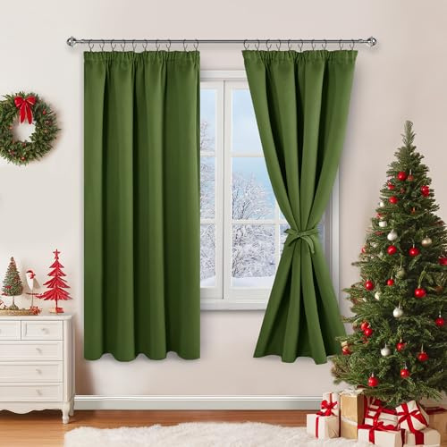 JIUZHEN Vorhänge Weihnachten Gardinen mit kräuselband Verdunklungsvorhänge Vorhang Blickdicht Gardine Wohnzimmer Schlafzimmer Thermovorhang Oliv Grün, H175 x B140 cm,2er Set
