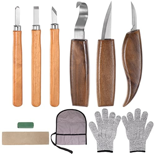 sourcing map Holz Schnitzen Werkzeuge 10in1 Set Schnitzer Messer Einzelmesser Hand Schnitzen Holzarbeiten Werkzeug mit Rolle Tasche für Graveur Schreiner und Anfänger