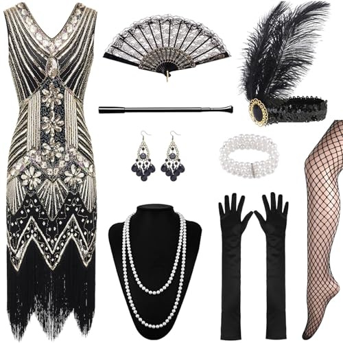 XCMVCN 12 Piezas Vestido Años 20 Charleston V - Neck Lentejuelas con Borlas de Perlas Vestido, Charleston Dress Year con Accesorios de Ropa de Carnaval de Los Años 20 (Negro + Oro,XXXL)
