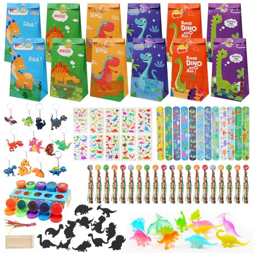 FINEASY 100 STK. Dinosaurier Party Mitgebsel Kindergeburtstag Gastgeschenke,Hüpfball,Schnapparmband Aufkleber Schlüsselanhänger Tattoo,Dinosaurier Spielzeug Dino Geburtstag Deko für Kinder
