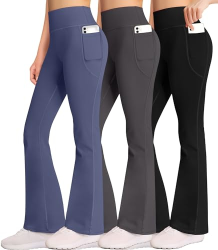 AENLLEY Girl Yoga Flare Wide Leg Tummy Control Stretchy Pants for Causal with Pockets 3 Pack