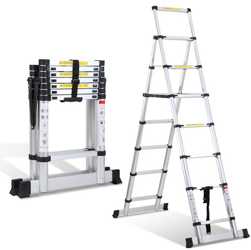 Ikodm Scala telescopica da 2,0 m + 2,3 m, 6 + 7 gradini, portata massima 150 kg/330 libbre, scala allungabile in alluminio per riparazioni di tetto, dimensioni piegate 69 cm