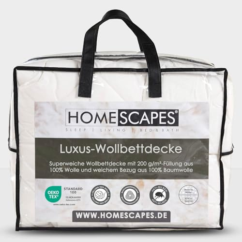 Homescapes Leichte Bettdecke Schafwolle 150x200 cm, Frühlings/Sommer-Bettdecke mit Wollfüllung & Baumwollbezug, Wollbettdecke mit 200 GSM Füllung, Oeko-TEX Standard 100