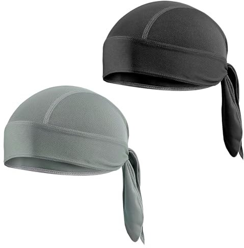 TNSLAND 2 Stück Sports Bandana Cap Schnell Trocknend, Durag Bandana Herren Damen, Laufmütze Kopftuch, Sommermütze für Radfahren Klettern Laufen Fitnessstudio, Schwarz, Grau