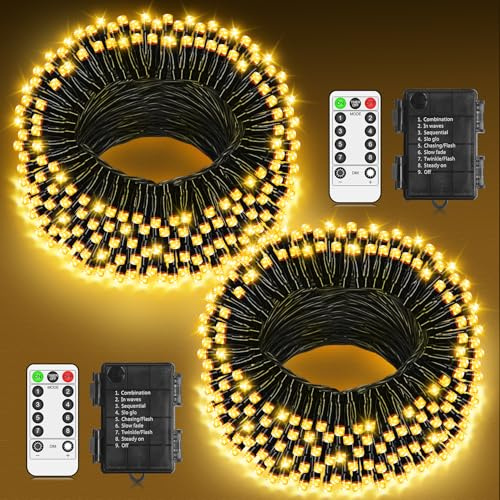 LYNNON 2x100 LED Lichterkette Außen Batterie Warmweiß Lichterkette Outdoor Wasserdicht 8 Modi mit Fernbedienung und Timer für Innen Party Hochzeit Ostern Garten Balkon Weihnachtsbaum deko