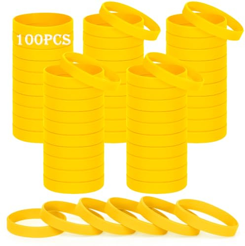 HONTIUS 8'' Pulseras de Silicona, 100PCS Pulseras Elásticas de Goma, Amarillo Pulsera de Silicona para Hombre Mujeres Mayor de Deportes
