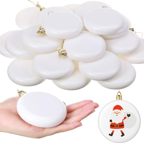Foilswirl 30 Stück weiße Weihnachtskugeln, blanko, 8,9 cm, Kunststoff, weiß, matt, flache Scheiben, Weihnachtskugel, Weihnachtsbaum, hängende Dekorationen, DIY-Weihnachtsschmuck für Erwachsenenmalerei