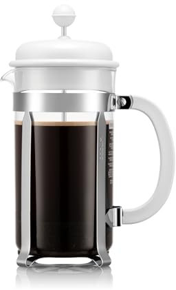 Bodum 34oz Caffettiera French Press Coffee Maker with Reusable Stainless Steel Filter, BPA-Free Plastic Carafe, White