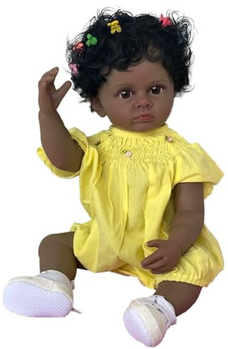 YIHANGG 55cm Afroamerikanisch Reborn Baby Puppe Vollsilikon 22Zoll Kleinkind Mädchen Prinzessin mit Schwarzem Kurzen Lockigen Haar Geburtstag Weihnachten Geschenk